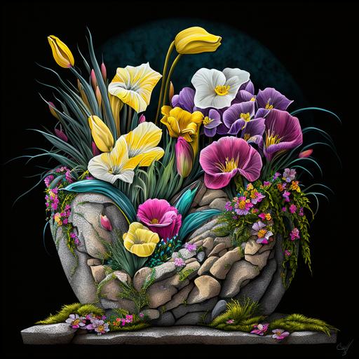 colorful pink/yellow calla lilies, colorful peonies, lavender, in a pretty flower pot, sitting in a rock garden, 8k, vibrant, creative realism, ultra intricate