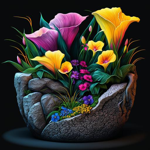 colorful pink/yellow calla lilies, colorful peonies, lavender, in a pretty flower pot, sitting in a rock garden, 8k, vibrant, creative realism, ultra intricate