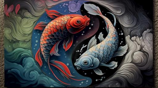 colorful psychedelic yin yang, hyper detailed, photorealistic koi fish, long life kanji, on a gray blue clay textured background, monet painting style, UHD, --ar 16:9