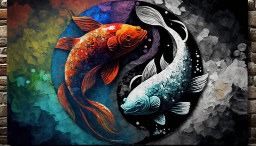 colorful psychedelic yin yang, koi fish, long life kanji, on textured stone background, monet painting style, UHD, --ar 16:9