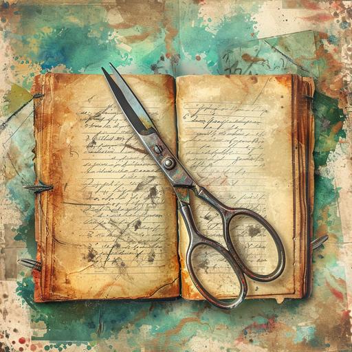 colorful scissors and notebook, medieval grunge , illustration --v 6.0