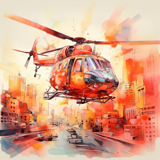 colorful semi-abstract watercolor cityscape, red helicopter flying over in the distance, ambient light, gold line work