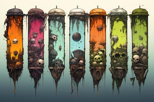 colorful sketches of vertical banner, highly detailed, slimepunk, dramatic, post-apocalyptic, --ar 3:2 --s 250