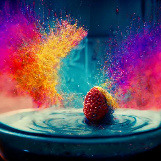 colorful smoothie with kiwi strawberries lemons blueberries exploding out of Blender in a colorful wave juices bursting in the air 8k, hyper realistic, stranger things style