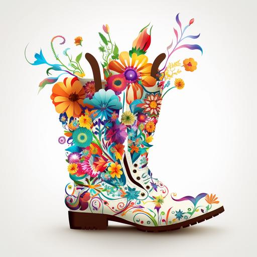 colorful, vector, white background, rainbow cowboy boots filled with flowers