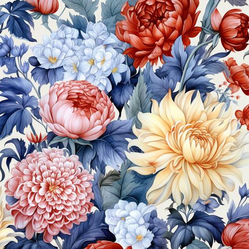 colorful watercolor seamless floral pattern, peonies, ball dahlias, roses in william morris style