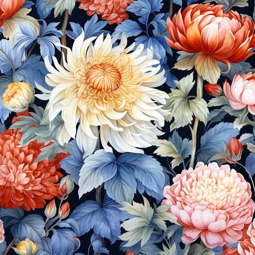colorful watercolor seamless floral pattern, peonies, ball dahlias, roses in william morris style
