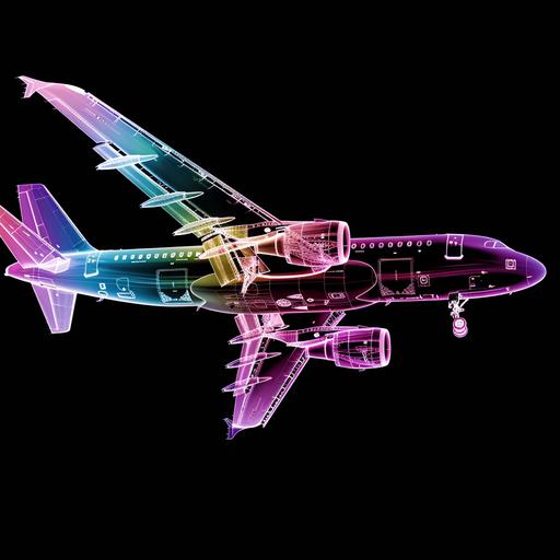 colorful xray side view through the fuselage of an airplane. view is from the side of the plane, straight elevation view.