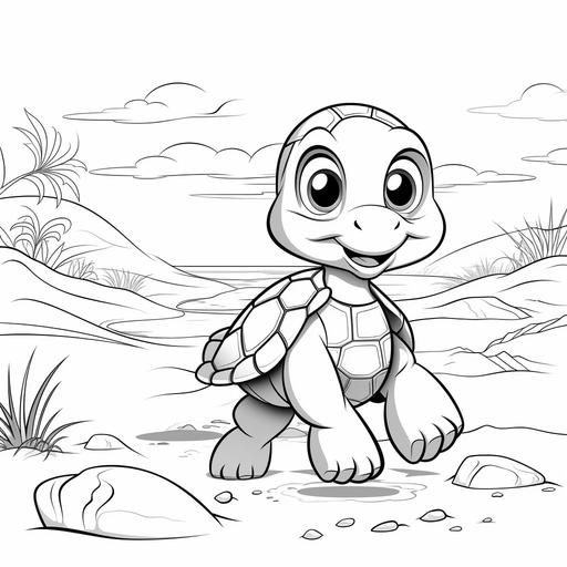 colorin pages for kids, little turtle walk in the sand, cartoon style, thick lines, no shading, black and white