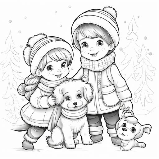 coloring Page black and white thick Lines, Girl 6 years and Boy 2 years with santa Claus