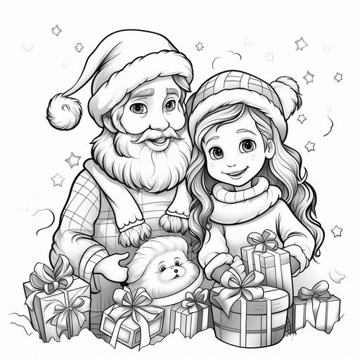 coloring Page black and white thick Lines, Girl 6 years and Boy 2 years with santa Claus