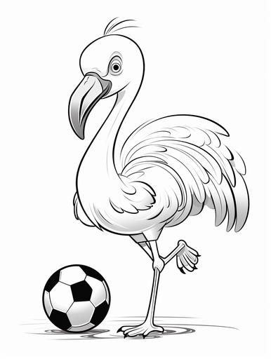 coloring book for children, anthropomorphic flamingo cartoon, flamingo, soccer player, black and white, thin lines, medium detail, no shadowing, cute, adorable, funny, --ar 3:4