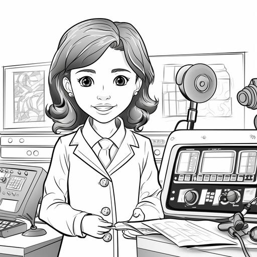 coloring book for children, colorless image, clean line work, 5 year korean girl, news reporter, news anchor, on camera, cartoon style --s 250