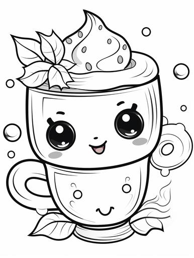 coloring book for children, high cartoon, cartoon hot chocolate, bright colors, medium detail, cute, adorable, --ar 9:12