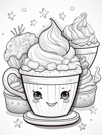 coloring book for children, high cartoon, cartoon hot chocolate, bright colors, medium detail, cute, adorable, --ar 9:12