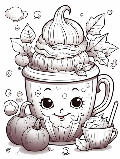 coloring book for children, high cartoon, cartoon hot chocolate, bright colors, medium detail, cute, adorable, --ar 9:12