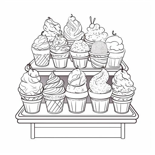coloring book for kids black and white Artisanal Gelato: Ice cream in a display with a variety of flavors, from classic to exotic.