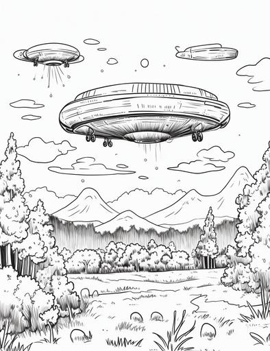 coloring book for kids, cartoon style, UFO in the style of ralph steadman and hayao miyazaki, no words or letters, no color, thick lines, no shading --ar 850:1100