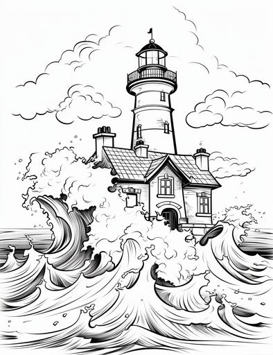 coloring book for kids, cartoon style, lighthouse with crashing waves in the style of ralph steadman, no words or letters, no color, thick lines, no shading --ar 850:1100