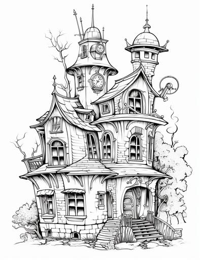 coloring book for kids, cartoon style, victorian haunted house in the style of ralph steadman and hayao miyazaki, no words or letters, no color, thick lines, no shading --ar 850:1100
