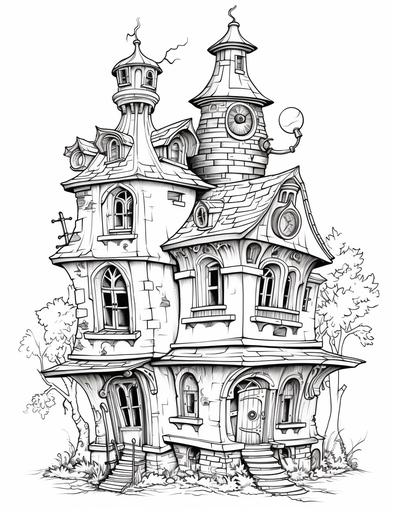 coloring book for kids, cartoon style, victorian haunted house in the style of ralph steadman and hayao miyazaki, no words or letters, no color, thick lines, no shading --ar 850:1100