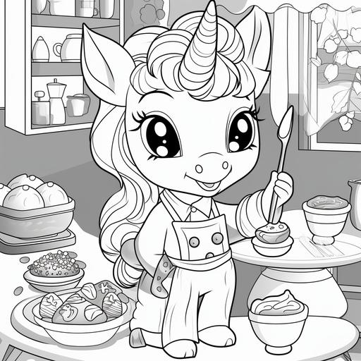 coloring book for kids, cartoon unicorn in pajamas cooking, thick lines, low detail ar 9:11