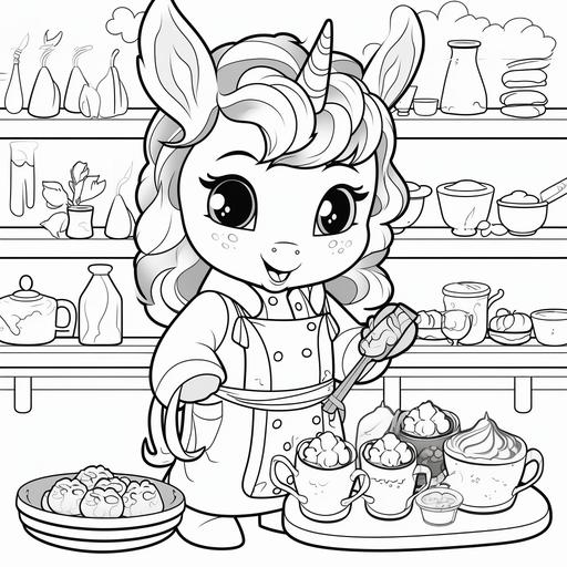 coloring book for kids, cartoon unicorn in pajamas cooking, thick lines, low detail ar 9:11