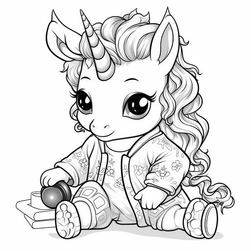 coloring book for kids, cartoon unicorn in pajamas playing sports, thick lines, low detail ar 9:11