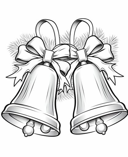 coloring book for kids, pair of christmas bells with ribbon around that says merry christmas, cartoon style, thick lines, low detail, no shading --ar 9:11