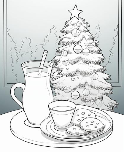 coloring book for kids, table next to christmas tree with milk and cookies for santa, cartoon style, thick lines, low detail, no shading --ar 9:11