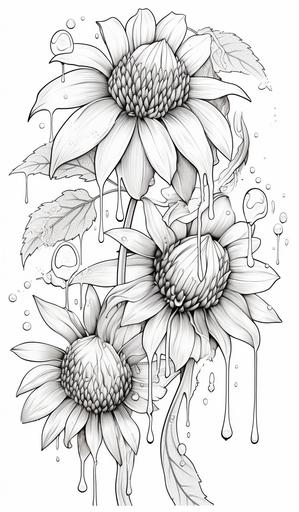 coloring book image of a field of wilting sunflowers, drooping petals, big rain drops, ready for coloring, --ar 560:960