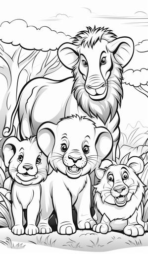 coloring book image of happy zoo animals, cartoon, ready for coloring, --ar 560:960