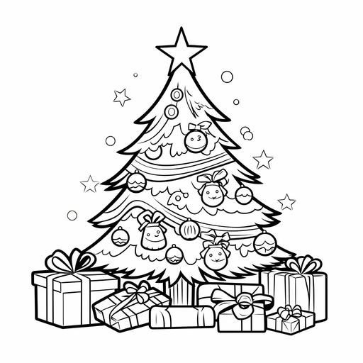 coloring book page: christmas themed simple coloring book page for kids, christmas tree, christmas gift, santa claus, thin black lines white background –no book, logo, page, letters, words, markers, flowers, animals –no black background
