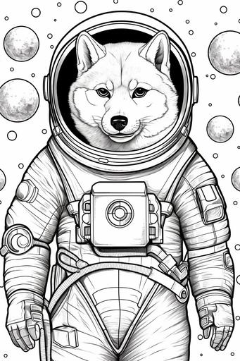 coloring book page for adults, modern cartoon style, astronaut shiba inu in space, black and white, thick lines, white background, low detail --ar 2:3 --v 5.1 --s 250