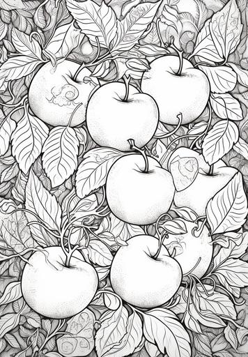 coloring book page for adults, thick lines, one color, white background, simple art, apples, surrounded by border motif frame, no grey, boho style, no shading --ar 9:13