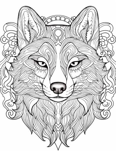 coloring book page for adults, wierdcore style, undead shiba inu headshot, black and white, thick lines, low detail, white background, --chaos 50 --ar 85:110 --v 5.1 --s 250