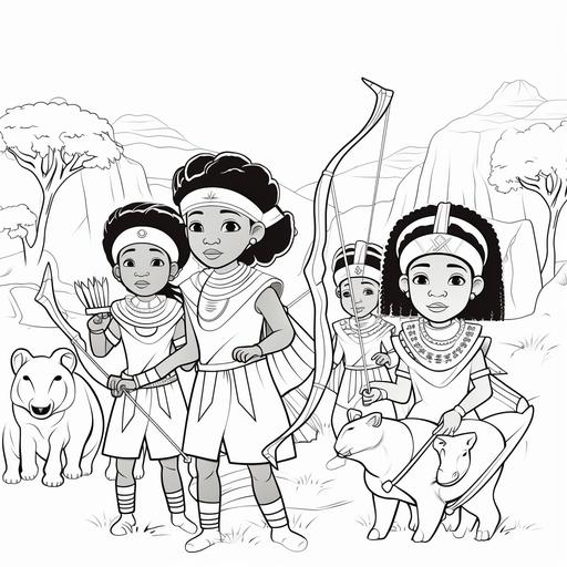 coloring book page for children, animated scene of african royalty in africa with bows and arrows, no shading, cartoon style, black and white, no color, thick lines, low detail, white background with black lines