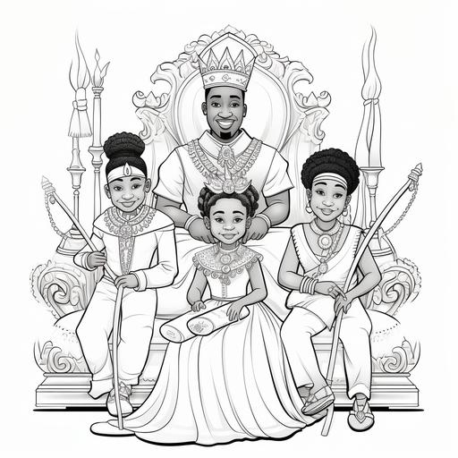 coloring book page for children, animated scene of african royal family on the throne in africa with bows and arrows, no shading, cartoon style, black and white, no color, thick lines, low detail, white background with black lines