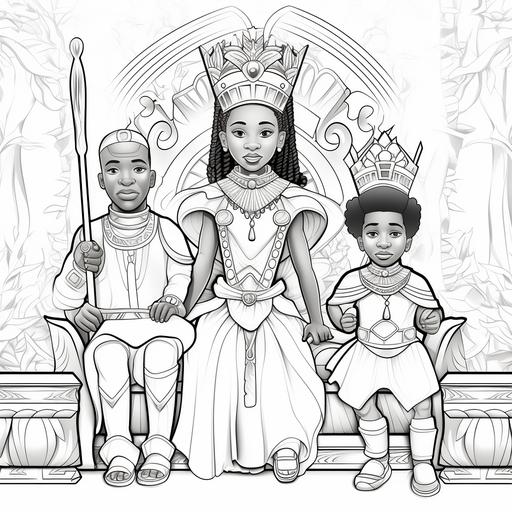 coloring book page for children, animated scene of african royal family on the throne in africa with bows and arrows, no shading, cartoon style, black and white, no color, thick lines, low detail, white background with black lines