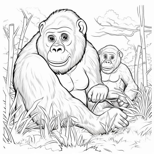 coloring book page for children, animated scene of gorillas playing around in africa , no shading, cartoon style, black and white, no color, thick lines, low detail, white background with black lines
