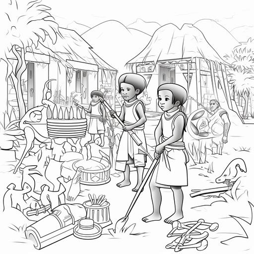 coloring book page for children, animated scene of kids building things in africa with bows and arrows, no shading, cartoon style, black and white, no color, thick lines, low detail, white background with black lines