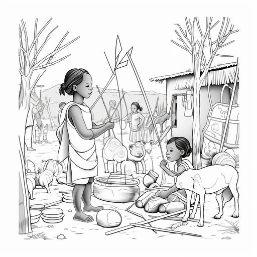 coloring book page for children, animated scene of kids building things in africa with bows and arrows, no shading, cartoon style, black and white, no color, thick lines, low detail, white background with black lines