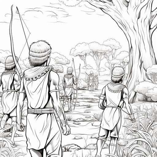 coloring book page for children, animated scene of men hunting in africa with bows and arrows, no shading, cartoon style, black and white, no color, thick lines, low detail, white background with black lines