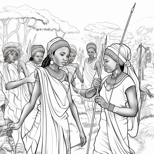 coloring book page for children, animated scene of women gathering in africa with bows and arrows, no shading, cartoon style, black and white, no color, thick lines, low detail, white background with black lines