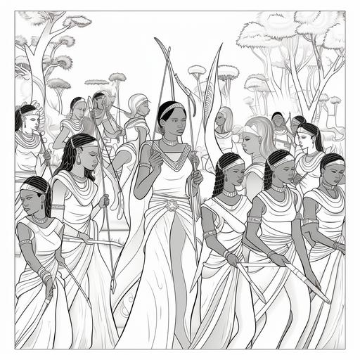 coloring book page for children, animated scene of women gathering in africa with bows and arrows, no shading, cartoon style, black and white, no color, thick lines, low detail, white background with black lines