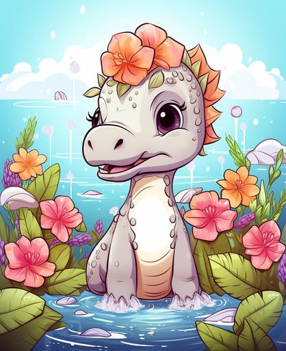 coloring book page for kids, a female dinosaur that’s wearing a flower crown and hair bows and girly hair accessories and standing in a flowery meadow with waterfall, cartoon style, thick lines, low detail, no shading --ar 9:11