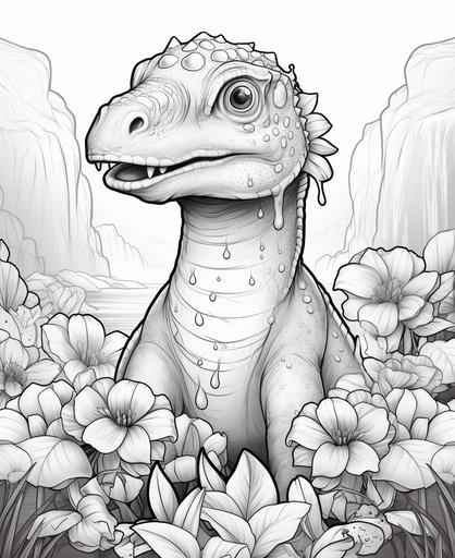 coloring book page for kids, a female dinosaur that’s wearing a flower crown and hair bows and girly hair accessories and standing in a flowery meadow with waterfall, cartoon style, thick lines, low detail, no shading --ar 9:11