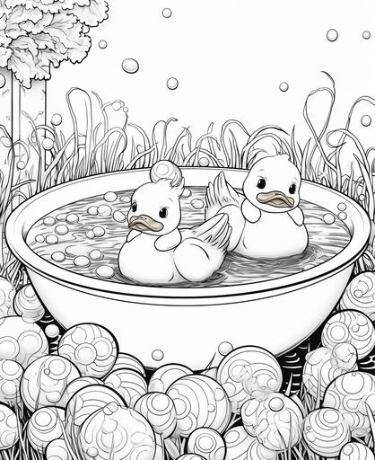 coloring book page for kids, bubbles, rubber ducks in bathtubs, cartoon style, thick lines, low detail, no shadowing, --ar 9:11