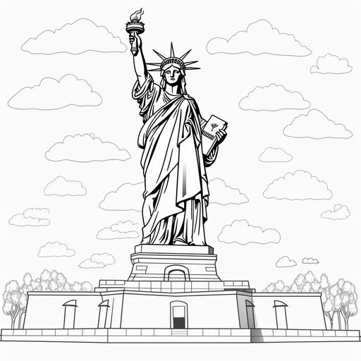 coloring book page for kids, statue of liberty, cartoon style, thick lines, low detail, no shading,--ar9:11