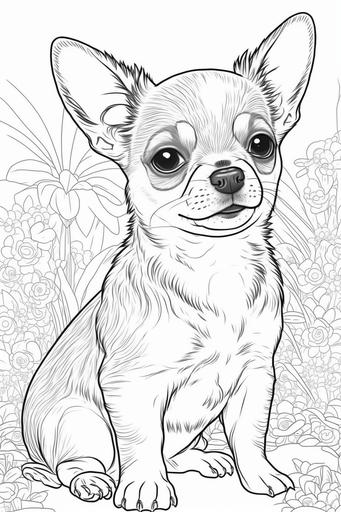 coloring book page for kids. happy baby chihuahua cute puppy. cartoon style. white background. clean art line. fine art line --ar 2:3